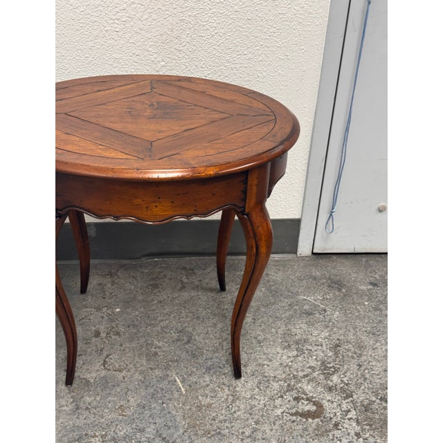 Traditional Acquisitions for Henredon Round Parquetry Pull-Out Side Table For Sale - Image 3 of 12