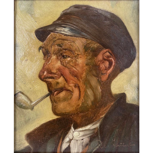 Portrait of a Man Smoking a Pipe in Oil on Masonite Detailed portrait of a man with a pipe by Heinz Robert Schubert...