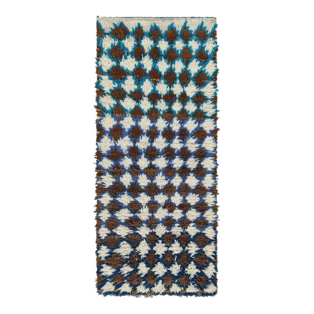 Vintage Moroccan Runner Rug in Brown, White & Blue Diamond Pattern | Rug & Kilim For Sale