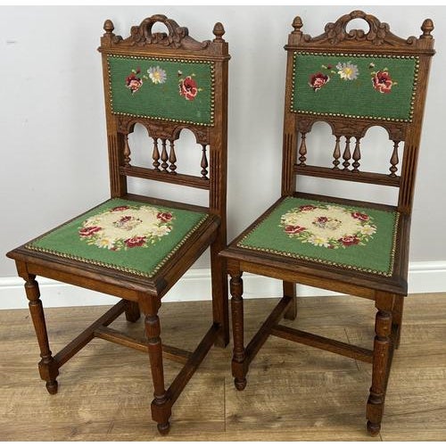 Antique French Oak Floral Upholstered Chairs, Set of 2 For Sale - Image 3 of 11