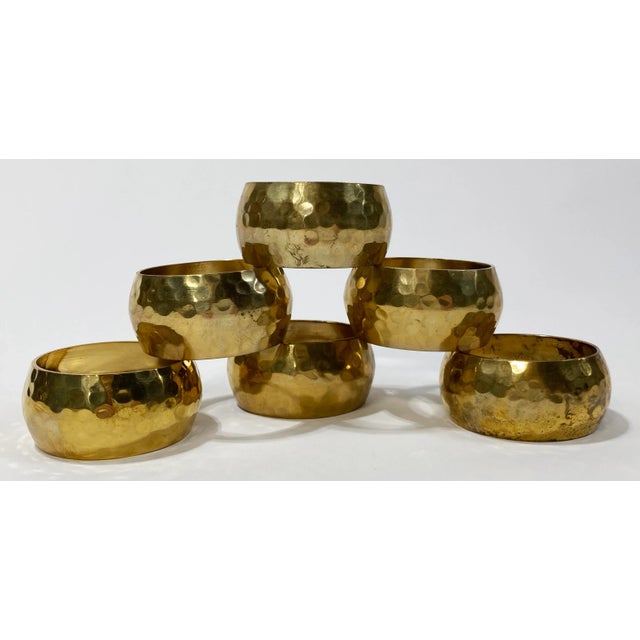 Vintage Hammered Brass Napkin Rings, Set of 6 For Sale - Image 4 of 6