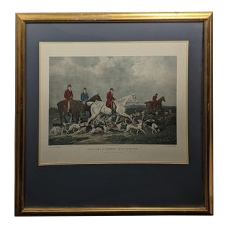 Large Vintage “The Earl of Derby’s Stag Hounds” Equestrian Artwork, Custom Framed Blue, Cream, Red For Sale
