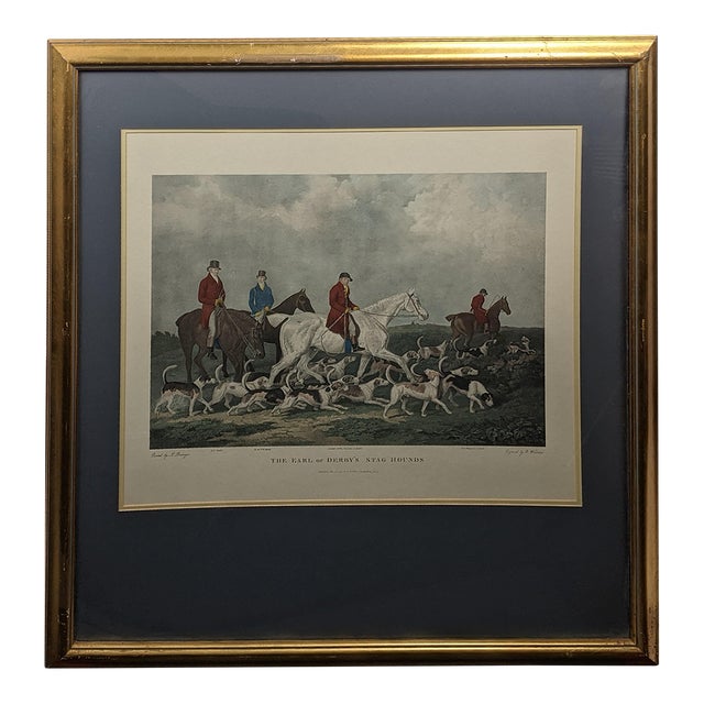 Large Vintage “The Earl of Derby’s Stag Hounds” Equestrian Artwork, Custom Framed Blue, Cream, Red For Sale