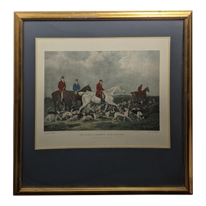 Large Vintage “The Earl of Derby’s Stag Hounds” Equestrian Artwork, Custom Framed Blue, Cream, Red