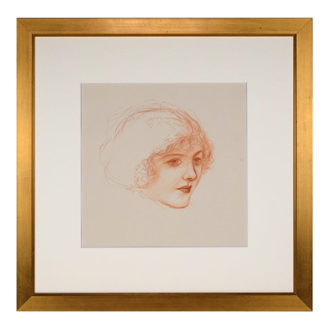 Antique Art Deco Portrait Drawing of a Woman by Charles Sheldon C. 1920s For Sale