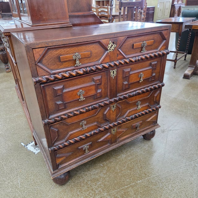 English Antique Oak Jacobean 4 Drawer Chest on Large Bun Feet For Sale - Image 3 of 8