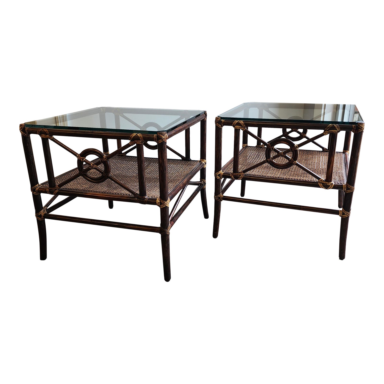 Late 20th Century McGuire Rattan Target Design Occasional Table Pair