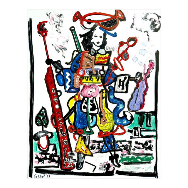 31.5" by 39.3" 'The Musician' - One-of-a-Kind Original Colorful Oil on Canvas Painting For Sale