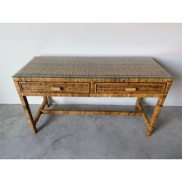 Brown Vintage Palm Beach Regency Coastal Rattan Console Table With Glass Top/ Sold For Sale - Image 8 of 12