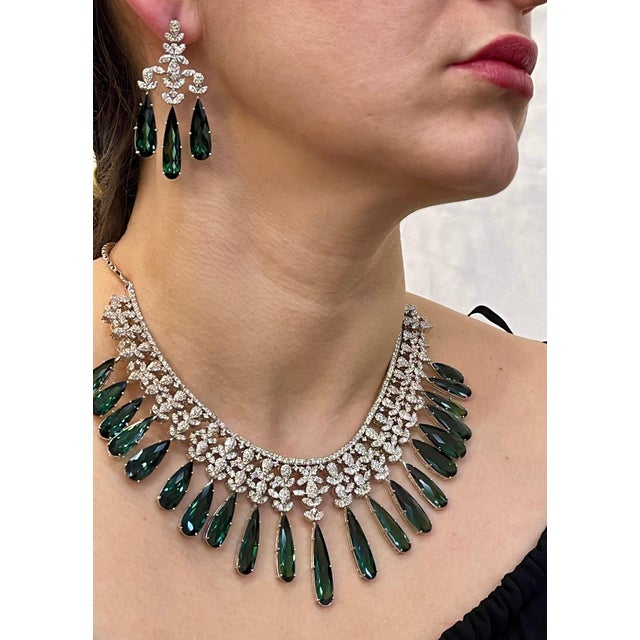 110 Carat Tear Drop Green Tourmaline and 25 Ct Diamond Necklace Suite 18 K Gold For Sale - Image 13 of 18