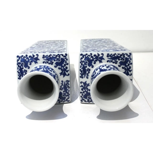 Chinoiserie Blue and White 14" tall Square Vases - A Pair. Ready for flowers on your console, long table, or outdoor...