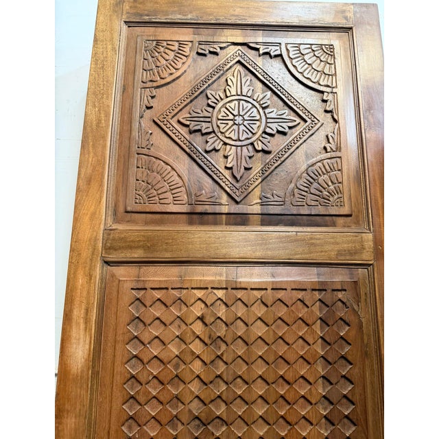 Wood Hand Carved Teak Wood Barn Door Geometric Medallion Three Panel Farmhouse Sliding Door 96x36 For Sale - Image 7 of 8