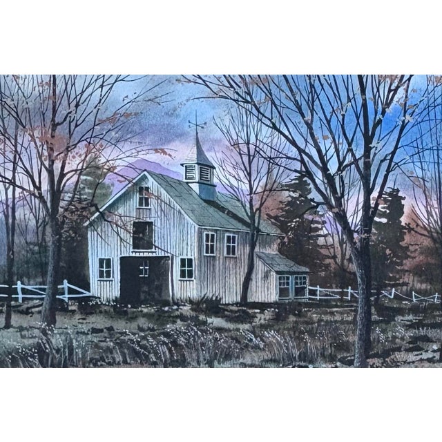 Realism 1990s Winter Landscape Barn Sunset Watercolor Painting By: Fambe? Framed, Linen Matting For Sale - Image 3 of 12
