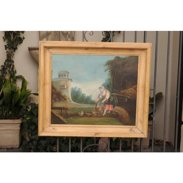 Late 18th Century French Late 18th Century Country Scene Oil on Canvas Painting Set in Pine Frame - Unsigned For Sale - Image 5 of 12