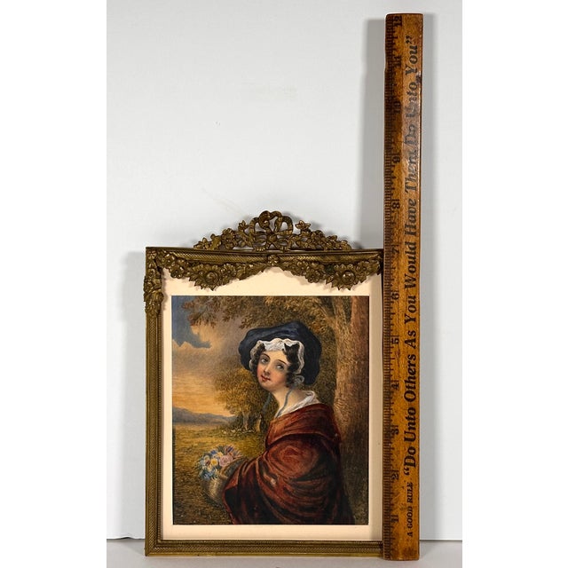 Antique Miniature Portrait Painting of Young Lady in Gilded Ribbon Crest Bow Frame For Sale - Image 16 of 18