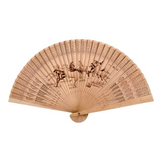 The Eight Wild Horses Large Chinese Sandalwood Fan, Boxed For Sale