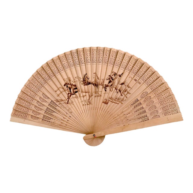 The Eight Wild Horses Large Chinese Sandalwood Fan, Boxed For Sale