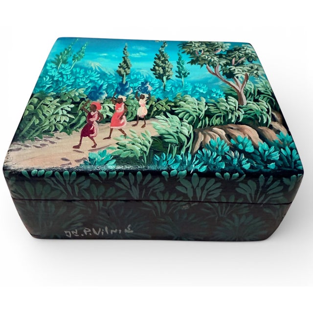 Folk Art Vintage Small Hand-Painted Caribbean Folk Art Jewelry Box, Signed – Solid Wood, Lift-Off Lid For Sale - Image 3 of 10
