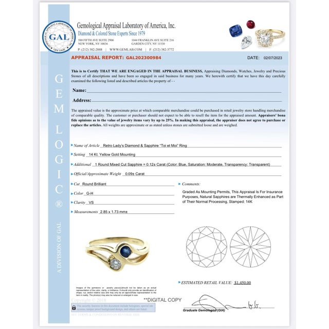 Metal 1950s Toi Et Moi Diamond & Sapphire Ring in 14k Yellow Gold - Appraised, Size 4.5 For Sale - Image 7 of 7