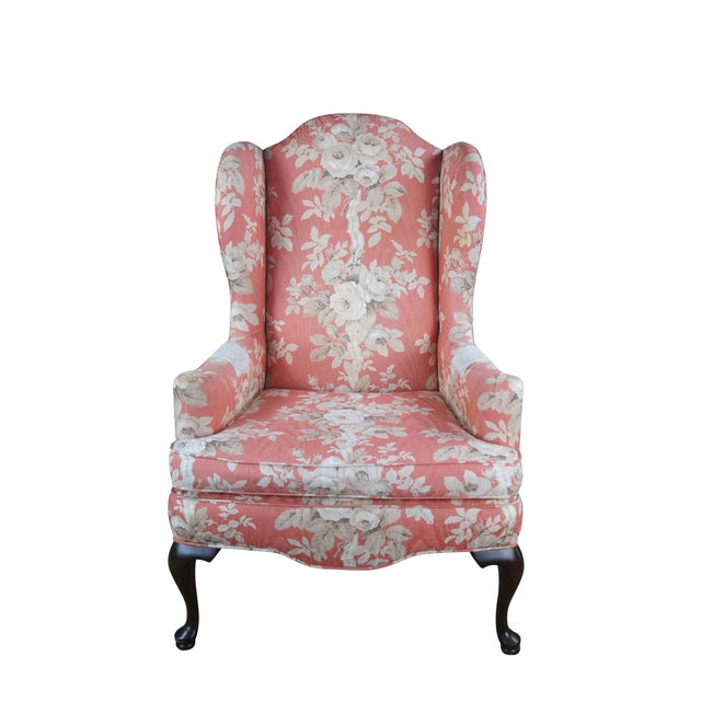 Queen Anne Late 20th Century Ethan Allen Queen Anne 20-7517 Floral Upholstered Sussex Wingback Armchair For Sale - Image 3 of 14