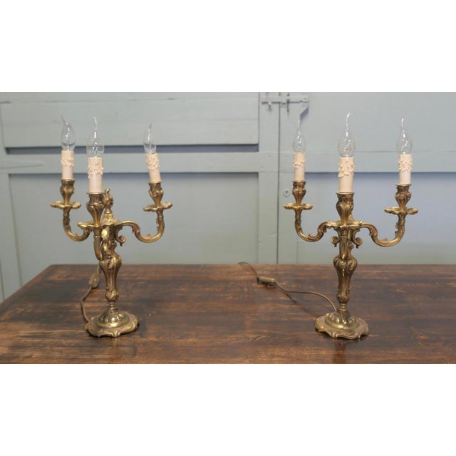 Metal Large Brass Three Branch Table Lamps Candelabra, 1930, Set of 2 For Sale - Image 7 of 9