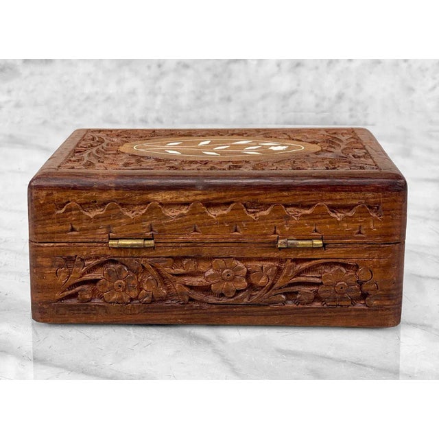 Wood Vintage Traditional Carved Walnut Inlaid Storage Box For Sale - Image 7 of 8