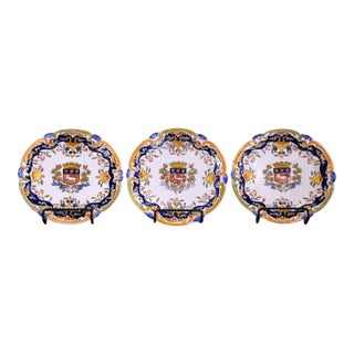 Early 20th Century French Rouen Faience Armorial Wall Plates, Set of 3 For Sale