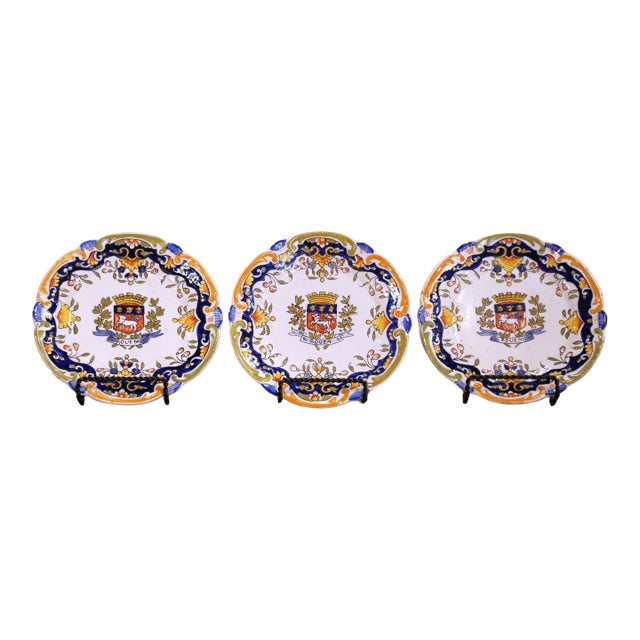 Early 20th Century French Rouen Faience Armorial Wall Plates, Set of 3 For Sale