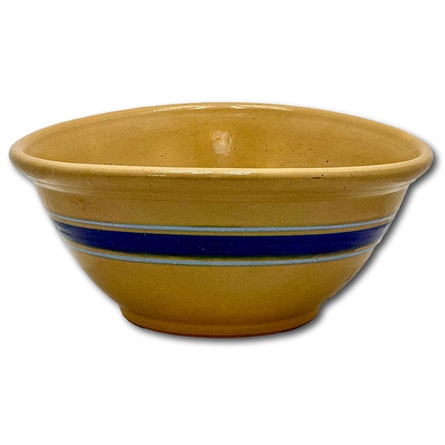 Antique Thick Yellow Ware 12 Inch Kitchen Mixing Bowl With Unusual 2 Color Blue Banded Decoration - Late 1800s. For Sale - Image 11 of 18