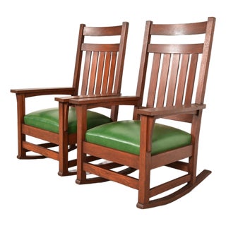Stickley Brothers Style Antique Mission Oak Arts & Crafts Rocking Chairs, Pair For Sale