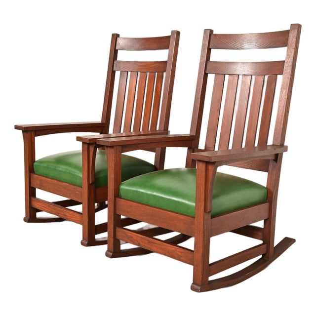 Stickley Brothers Style Antique Mission Oak Arts & Crafts Rocking Chairs, Pair For Sale