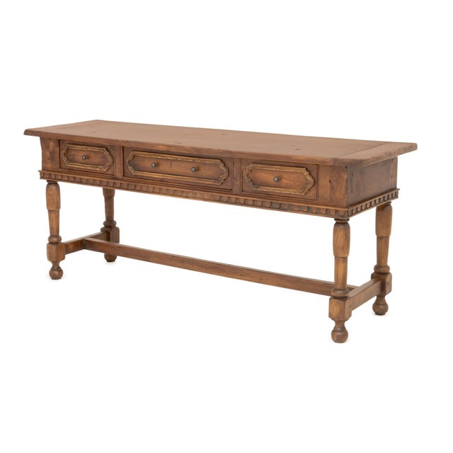 Baroque 1920s Italian Walnut Three-Drawer Library Table With Turned Legs & H-Stretcher For Sale - Image 3 of 5