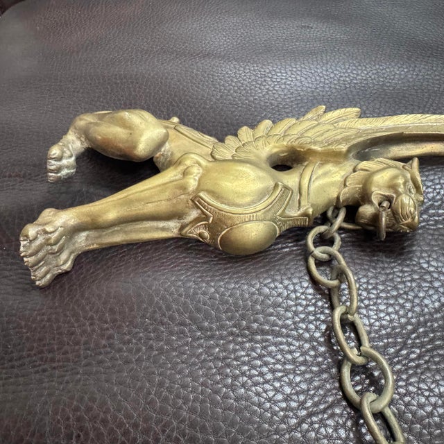 Metal Pair of Solid Brass or Bronze Golden Winged Griffins With Chain Wall Plaque 11.5"x6"x1.25" (Total Length With Chain: 22") For Sale - Image 7 of 12