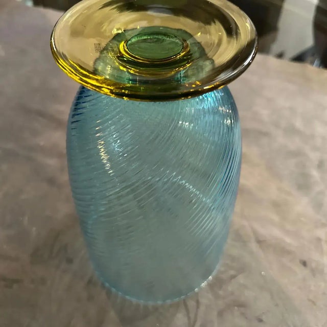 Vintage 1980s Modern Blue and Yellow Murano Glass Vase by Carlo Moretti This exquisite vintage vase is a signed piece of...