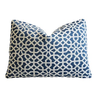 Clarence House Blue & White Geometric Fabric Feather/Down Pillow 22" X 16" For Sale