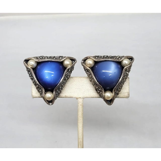 Metal Vintage 1950s Signed Napier Silvertone Blue Moonglow & Faux-Pearl Clip Earrings - 2 Pieces For Sale - Image 7 of 9