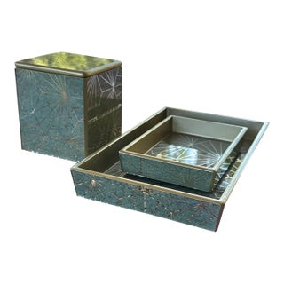 Set of 4 Green and Gold Bathroom or Desk Accessories by Pigeon & Poodle For Sale