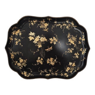 19th Century Black Lacquer Gilt Floral Papier-Mâché Tray For Sale