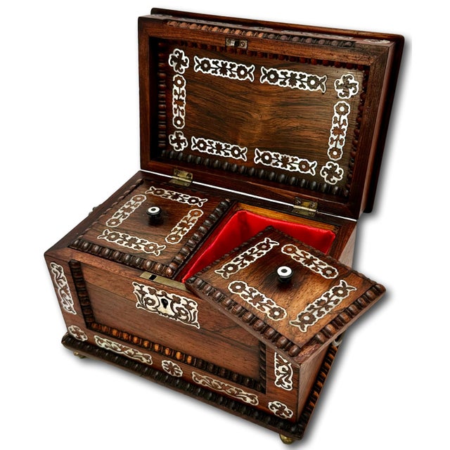 Outstanding Antique Victorian Rosewood Veneer Tea Caddy Box With Fancy Abalone Inlay Features - Circa 1870s For Sale - Image 17 of 18