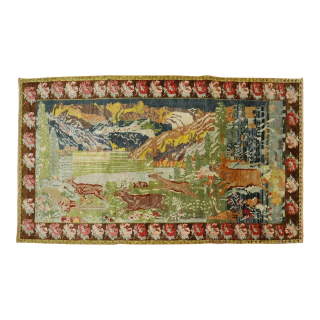 Zabihi Collection Running Deers Pictorial Vintage Karabagh Rug For Sale