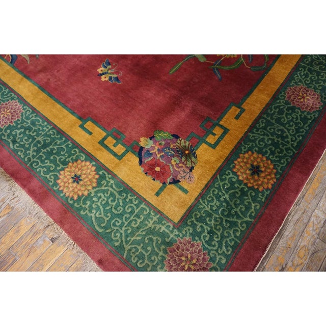 Textile 1920s Fuschia Open Field Floral Modern Antique Chinese Art Deco Knotted Wool Rug For Sale - Image 7 of 10
