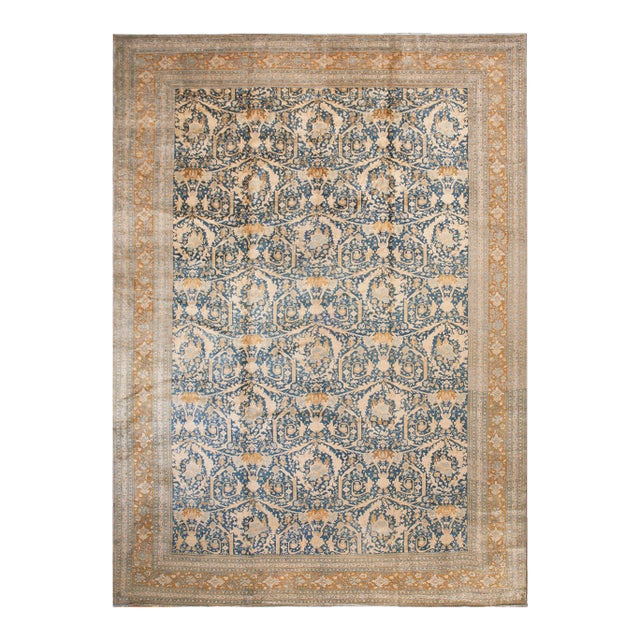 1920s Blue Navy Mostofi Antique Persian Tabriz Rug 11' 6" X 16' Handknotted Wool Carpet For Sale