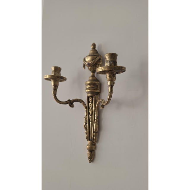 Hollywood Regency Pair Vintage Bronze Wall Candle Sconces, French Regency Style Candelabra, Hollywood Regency Brass Wall Decor, Neoclassical Candle Holders For Sale - Image 3 of 14