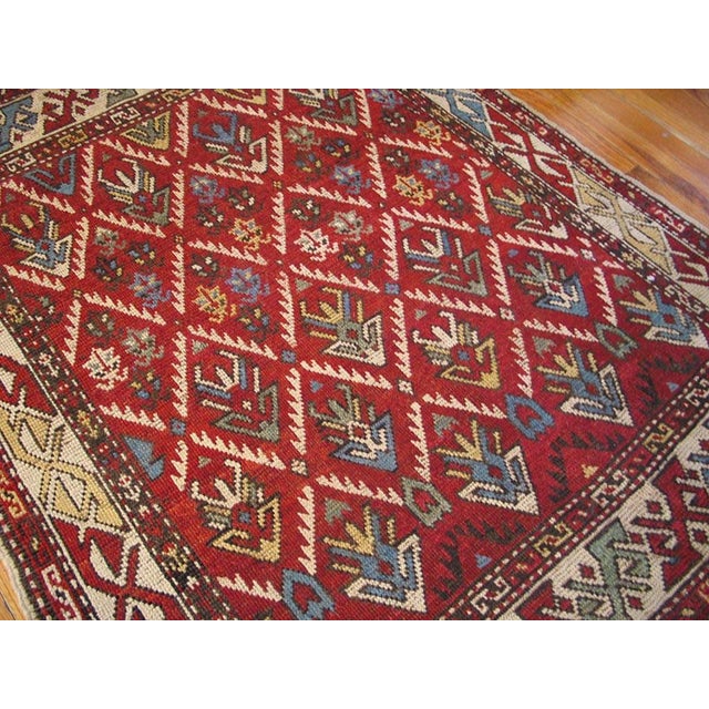 Tribal 1900s Red Geometric Rustic Antique Kurdish Rug 3'6" X 4'6" Handknotted Wool Carpet For Sale - Image 3 of 5