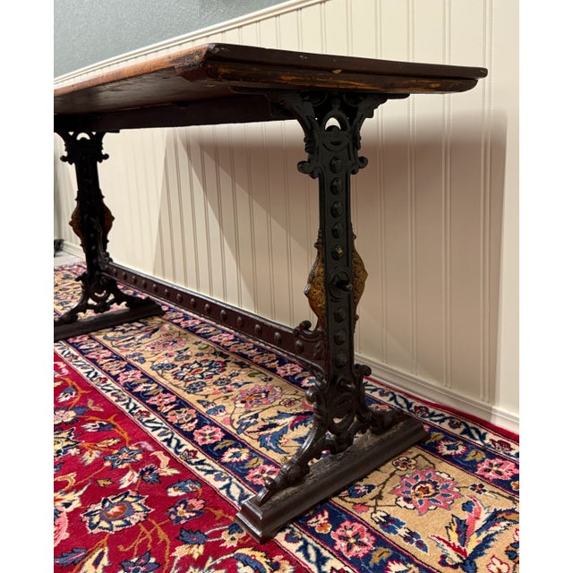 Antique English Bakers Table Sofa Entry Hall Kitchen Island With Cast Iron Base For Sale - Image 4 of 18
