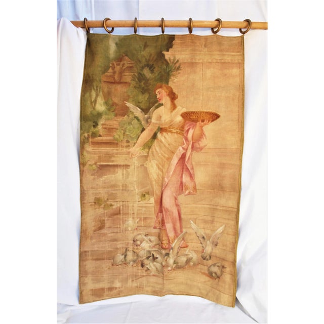 Paint 1900s Antique Hand Painted Hanging Tapestry Woman Feeding Birds For Sale - Image 7 of 7