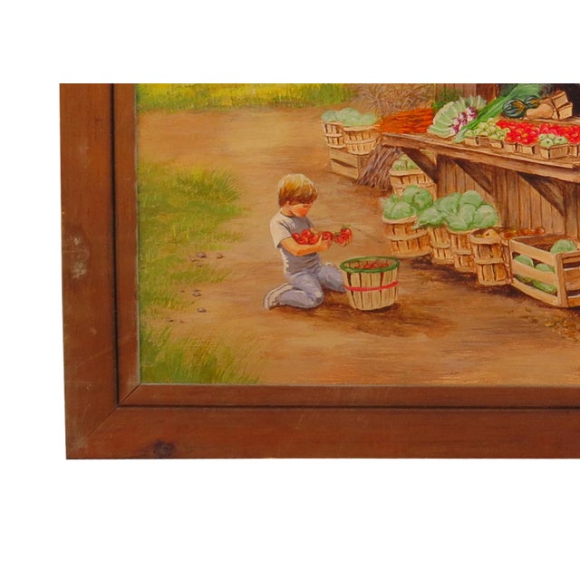 Vintage Oil on Mason Board of a Fruit Stand Scene With Small Child by Artist Miriam Ecker For Sale - Image 9 of 13