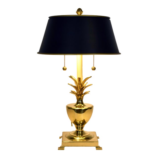 1970's Brass Pineapple Lamp With Black Tole Shade For Sale