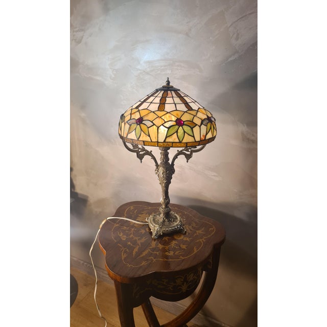 Antique Rocaille Bronze Lamp with Leaded Glass Lampshade in the style of Tiffany, 1880 For Sale - Image 10 of 12
