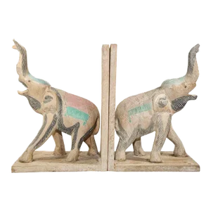 Mid 20th Century Hand Carved Wooden Elephant Bookends - a Pair